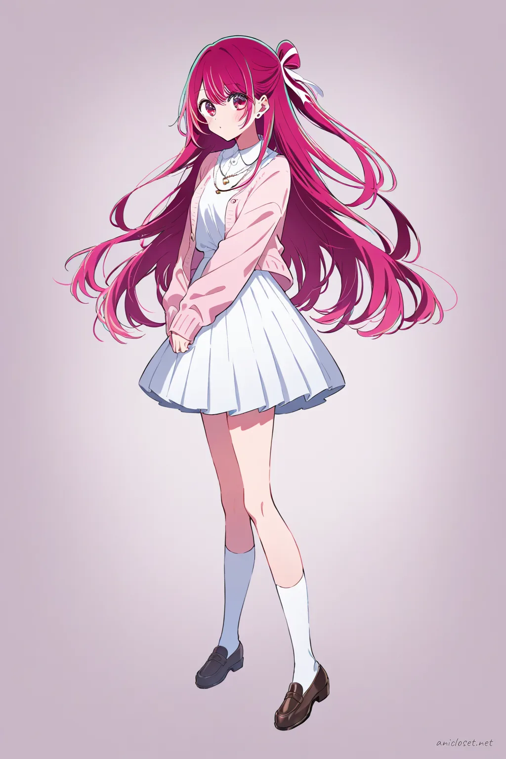 Full-body three-quarter view illustration of Ruby Hoshino wearing a soft pastel cardigan, white blouse with peter pan collar, pleated midi skirt, knee-high socks, loafers, delicate ribbon hair accessory, minimalistic pendant necklace, and simple stud earrings against a clean studio background