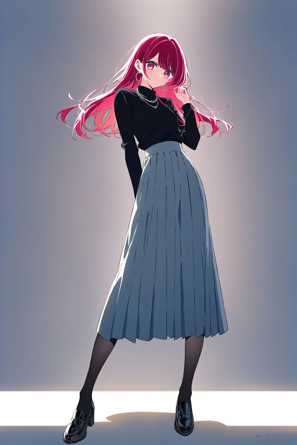 Full-body illustration of Ruby Hoshino standing in a black turtleneck sweater, pleated midi skirt, sheer tights, and black patent loafers against a clean white studio backdrop with soft evening lighting