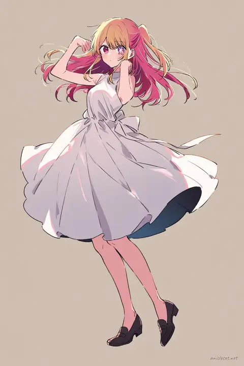 Full-body three-quarter view of Ruby Hoshino in a sleeveless knee-length dress with minimal accessories, standing pose on clean background