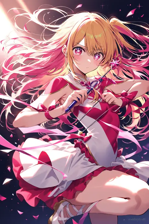 Knee-up half-body illustration of Ruby Hoshino wearing a rhythmic gymnastics leotard with short wrap skirt and holding a ribbon wand under soft studio lighting