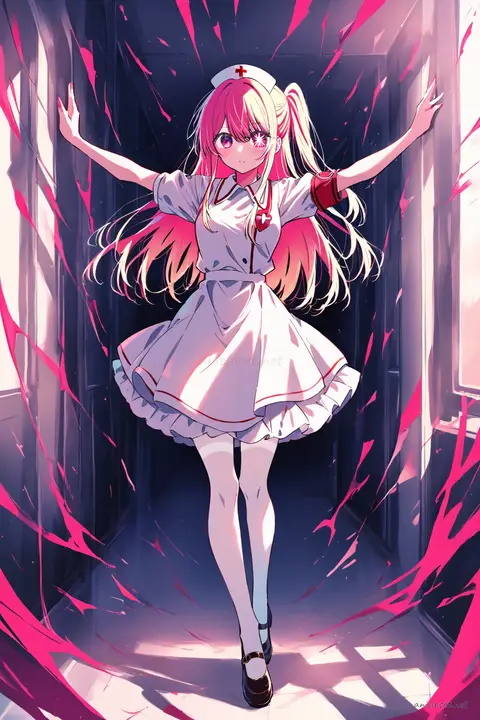 Illustration of Ruby Hoshino wearing a moe nurse uniform dress with a short hem, nurse cap, red cross armband, sheer white tights, and mary janes