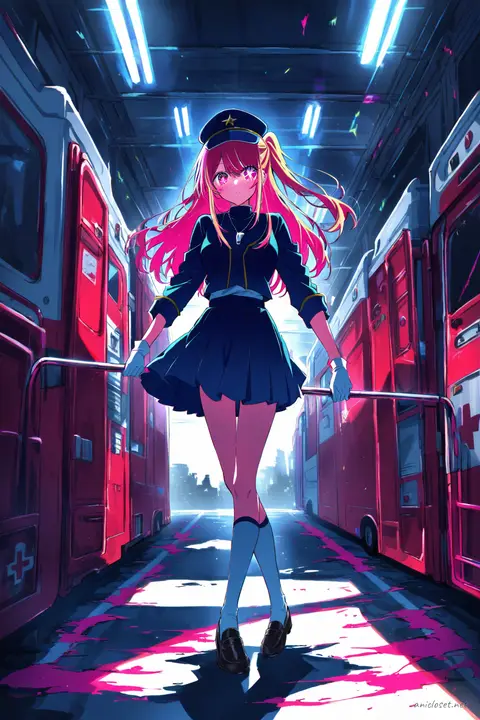 Illustration of Ruby Hoshino wearing a navy jacket, short pleated skirt, navy cap, white gloves, whistle necklace, knee-high socks, and black loafers