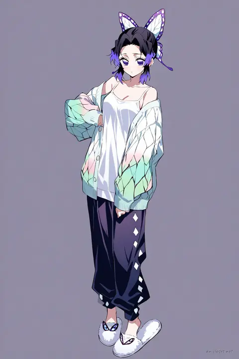 Full-body illustration of Shinobu Kocho standing in a clean studio wearing an oversized cardigan, soft knit pants, simple camisole top, slip-on house slippers, and minimal jewelry