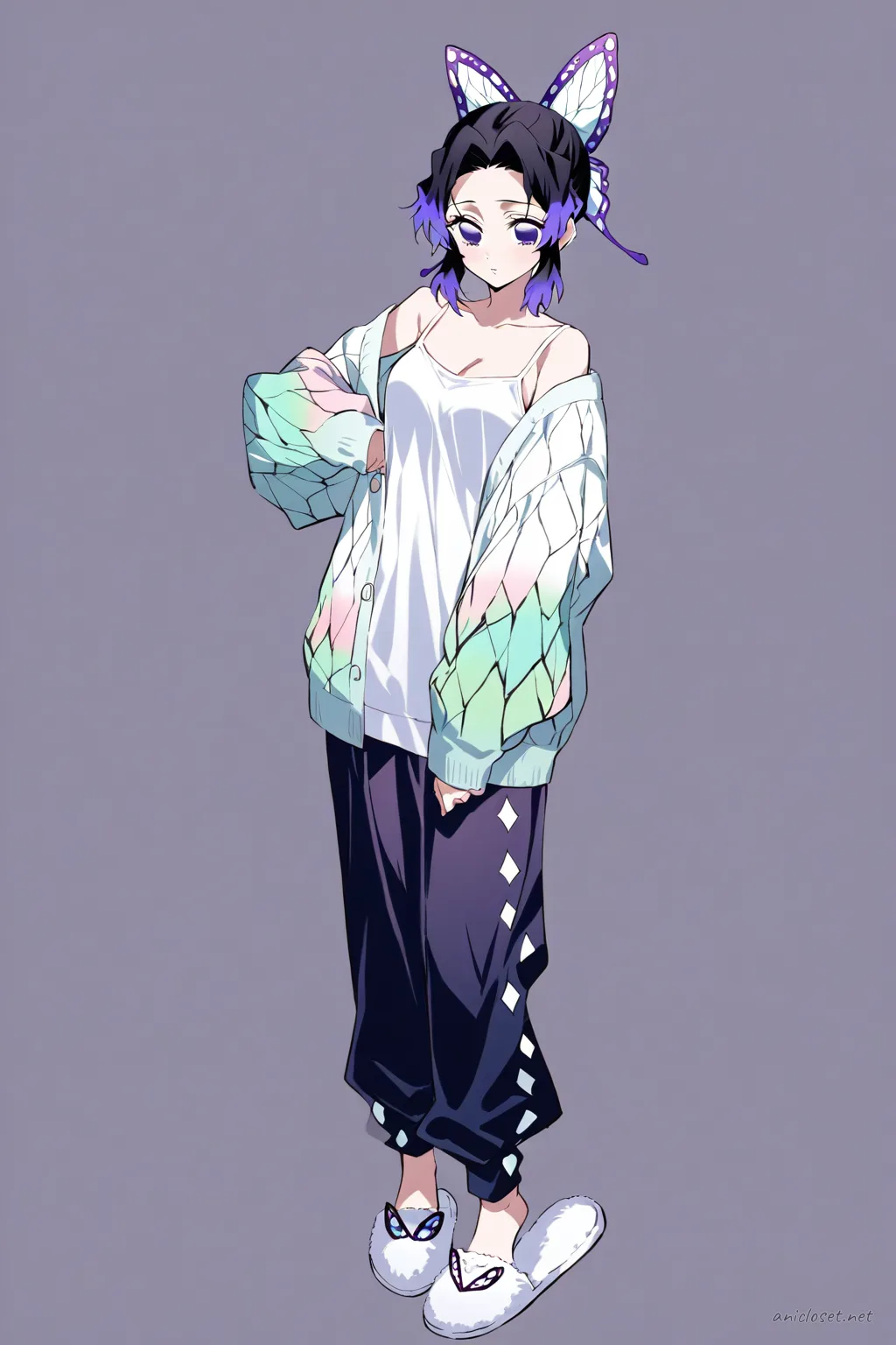 Full-body illustration of Shinobu Kocho standing in a clean studio wearing an oversized cardigan, soft knit pants, simple camisole top, slip-on house slippers, and minimal jewelry