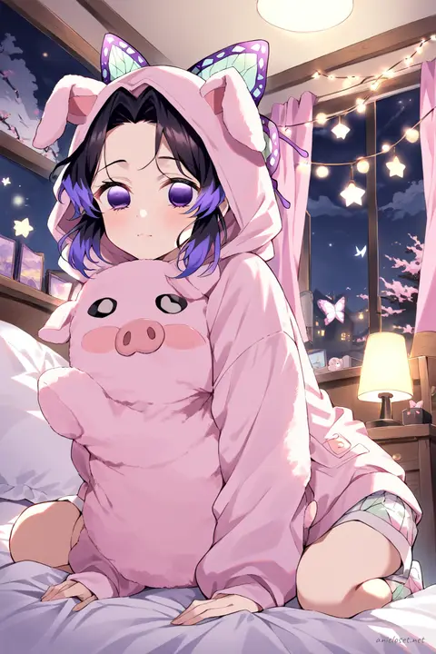 Full-body illustration of Shinobu Kocho in pastel pink animal hoodie with sewn plush pig ears, matching fleece shorts, fuzzy socks, holding a soft knit blanket pillow fort, standing in a clean studio backdrop