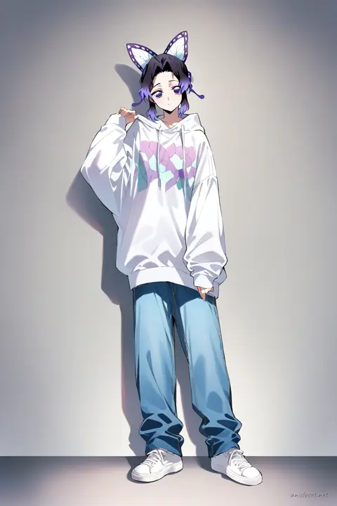 Illustration of Shinobu Kocho in a full-body street casual outfit with oversized hoodie, light blue jeans, and white sneakers against a clean studio backdrop