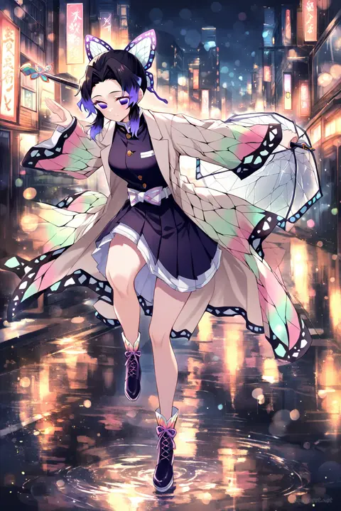 Shinobu Kocho wearing pastel beige trench coat with ribbon belt and pleated skirt, holding clear dome umbrella on rainy neon street with puddle reflections