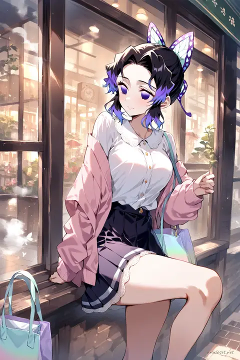 Illustration of Shinobu Kocho seated by a cafe window wearing a pastel pink cardigan, white lace-trimmed mini skirt, and soft pastel accessories with a steam latte and rainy street reflections outside