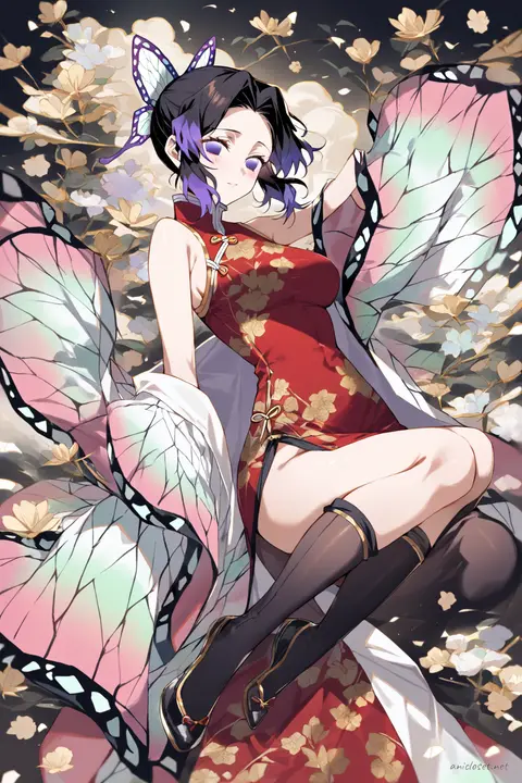 Full-body illustration of Shinobu Kocho wearing a classic red qipao with gold trim, modest knee-length hem, black embroidered floral pattern, black ballet flats, and gold hairpin against a clean studio backdrop