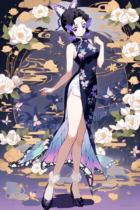 Full-body illustration of Shinobu Kocho wearing a navy cheongsam with subtle floral embroidery, side slits, mandarin collar, sleeveless design, black Mary Jane shoes, and sheer ankle socks, standing against a clean studio backdrop