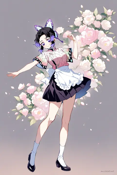 Full-body illustration of Shinobu Kocho wearing a pink short-sleeve qipao with white floral pattern, white frilly apron, black knee-length skirt, white ankle socks, and black Mary Jane shoes, standing against a clean studio background.