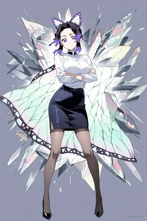 Full-body three-quarter view of Shinobu Kocho wearing a black slim pencil skirt, white blouse with ribbon tie, sheer black tights, and black pumps, posed crossing arms in a modern lobby