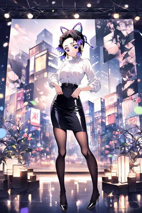 Full-body illustration of Shinobu Kocho in a black peplum jacket and slim pencil skirt, wearing statement gold earrings and black leather pumps, standing in a clean studio backdrop