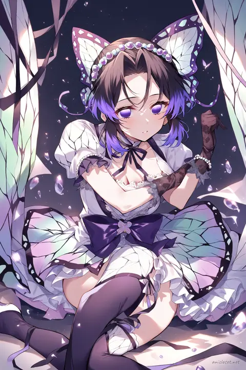 Illustration of Shinobu Kocho in a frilly mini dress with a stage bow headband, knee-up half-body view under soft studio lighting
