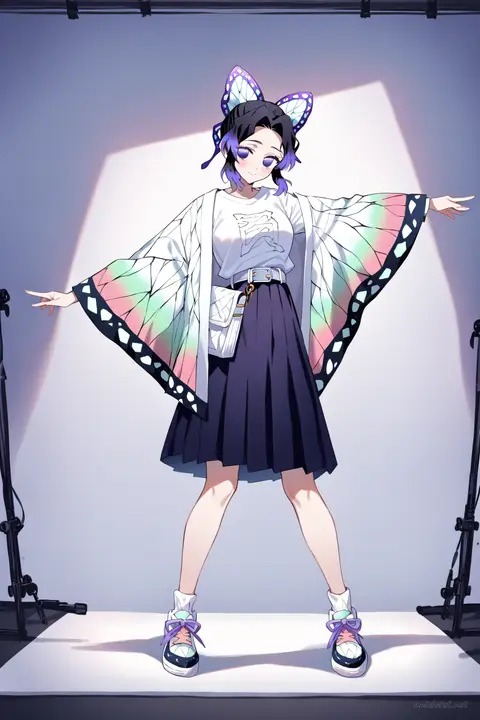 Full-body illustration of Shinobu Kocho wearing a streetwear kimono jacket over a white graphic tee and pleated skirt, accessorized with an obi belt bag and white sneakers, standing against a clean studio backdrop