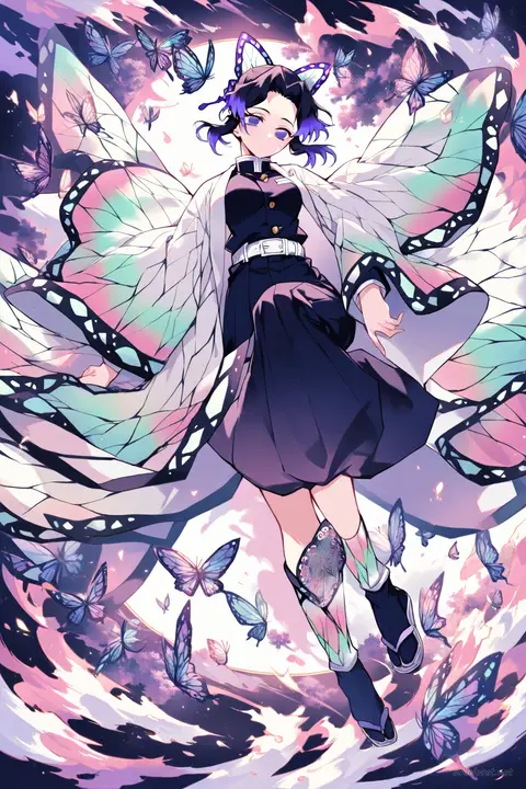 Knee-up half-body illustration of Shinobu Kocho wearing her classic Demon Slayer uniform with butterfly-patterned haori, soft studio lighting