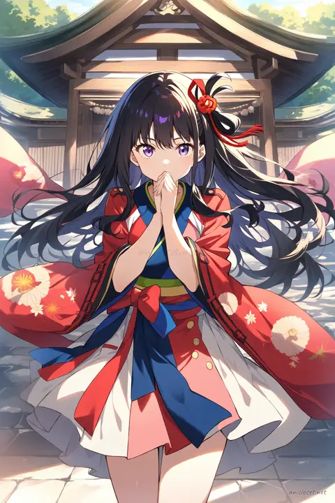 Illustration of Takina Inoue wearing a bright furisode kimono with large floral patterns, oversized obi bow, and flower kanzashi hair accessories