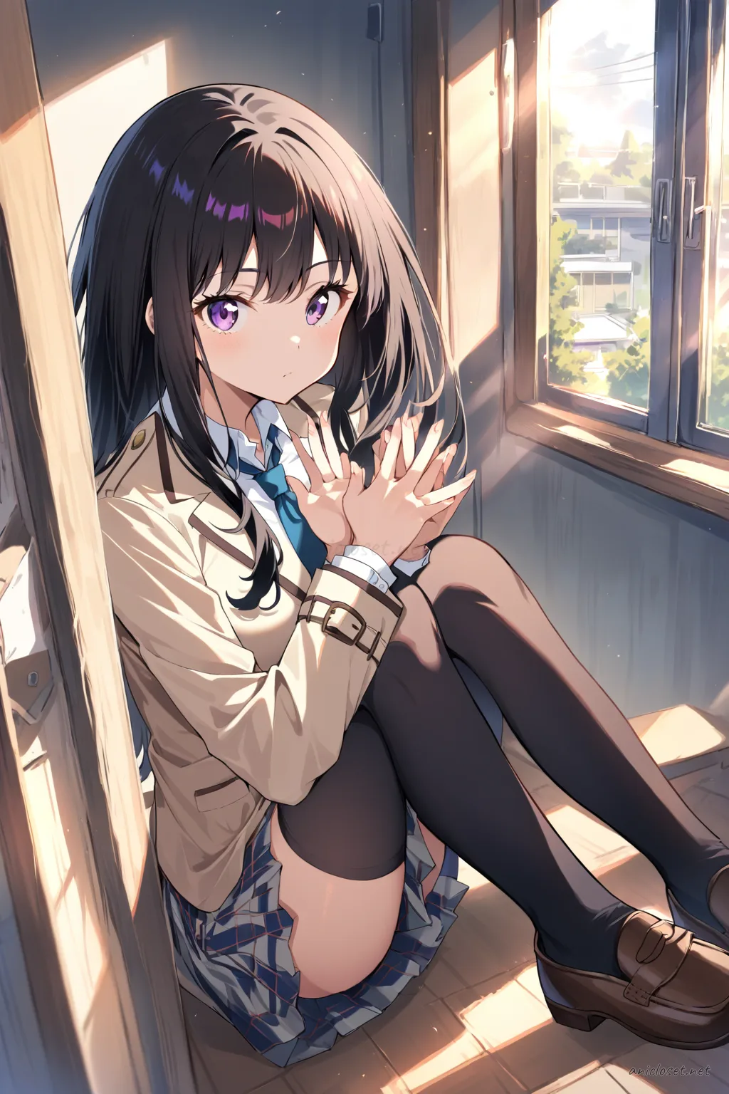 Illustration of Takina Inoue wearing a beige blazer school uniform with necktie, plaid pleated skirt, and black thighhigh socks
