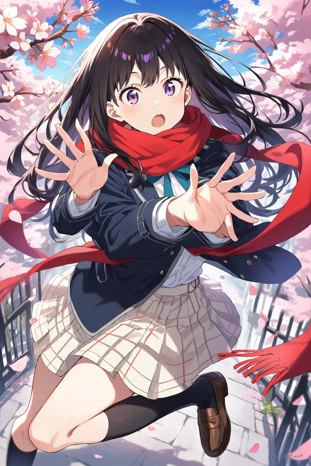 Illustration of Takina Inoue wearing black blazer winter uniform with red scarf and knee socks