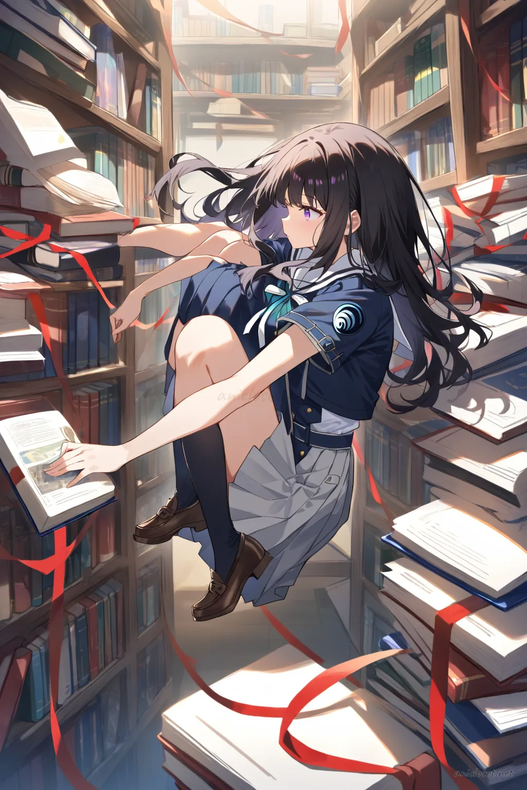 Full body profile of Takina Inoue in summer sailor uniform with short sleeves, red ribbon, navy pleated skirt, knee socks, and loafers