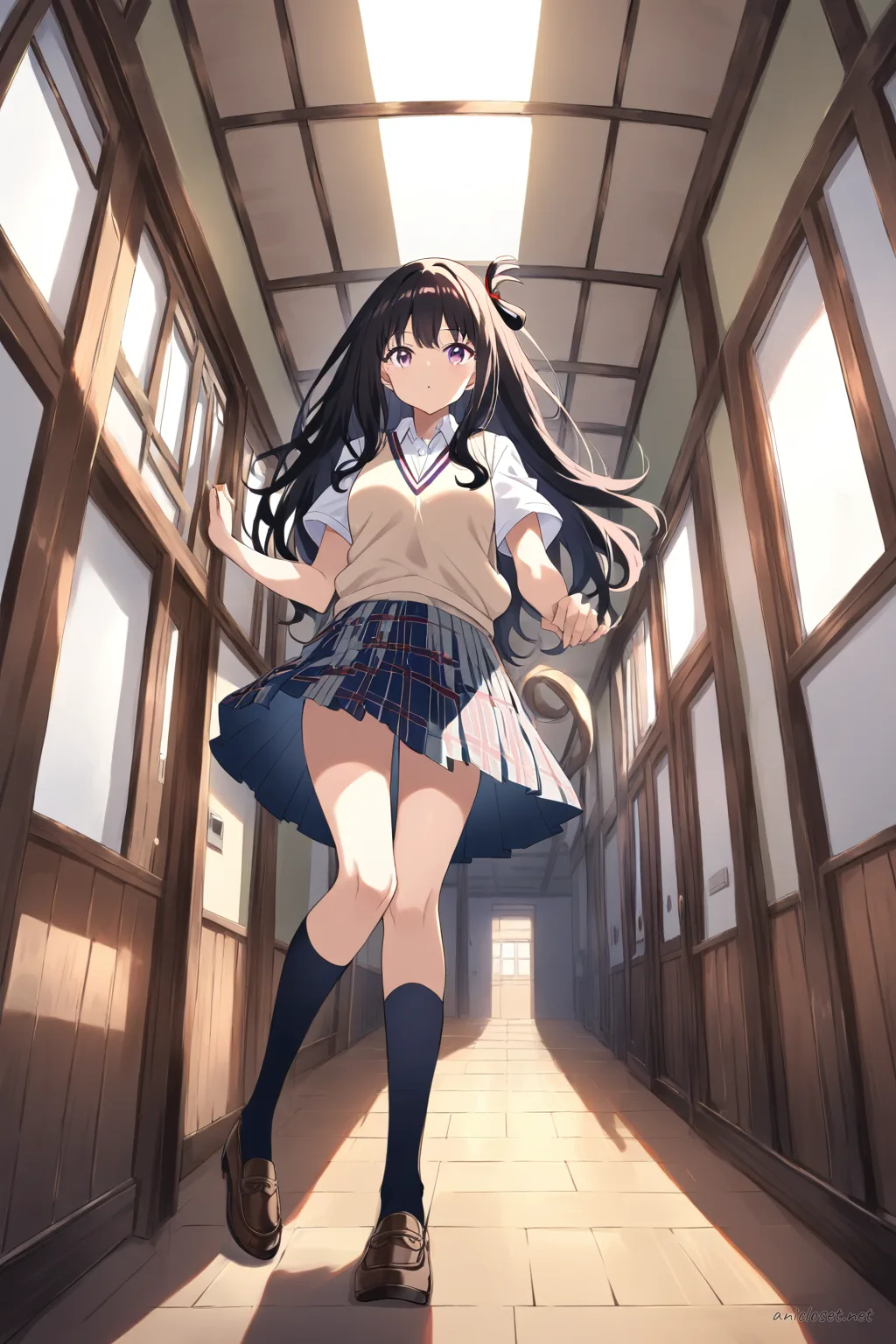 Full body illustration of Takina Inoue in school uniform with beige sweater vest, white shirt, plaid skirt, navy over-the-knee socks, and brown loafers