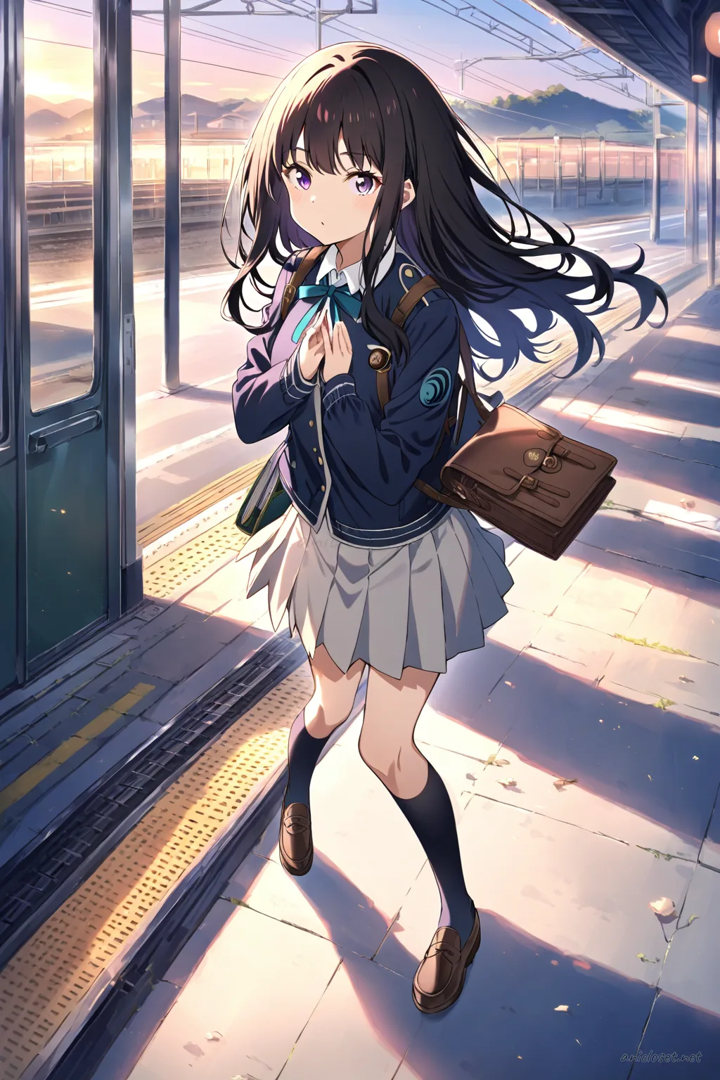 Illustration of Takina Inoue wearing a navy cardigan, white blouse, pleated skirt, knee-high socks, brown loafers, and carrying a book bag
