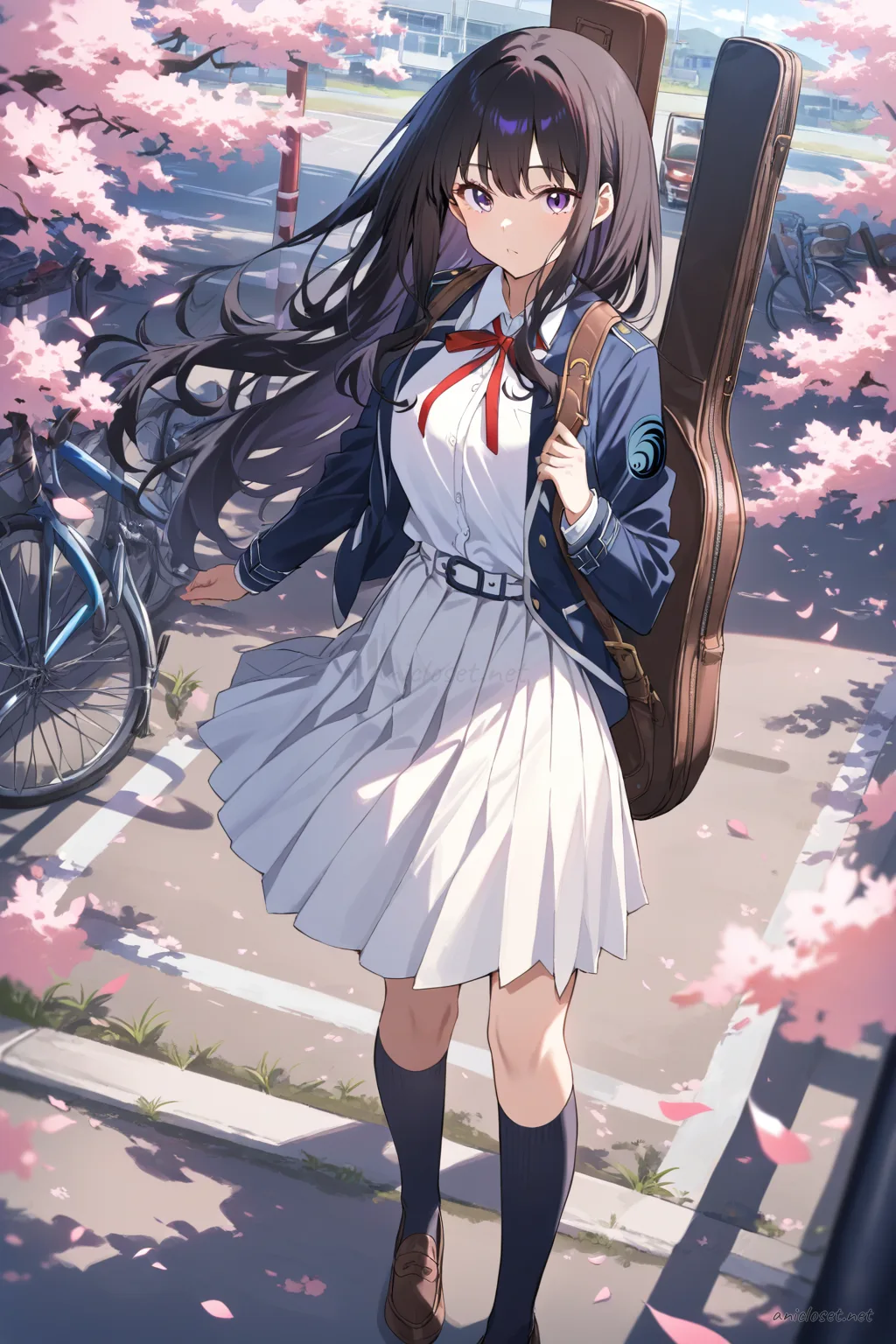 Illustration of Takina Inoue in a navy blazer, white dress shirt, red ribbon tie, pleated skirt, knee-high socks, loafers, holding a leather instrument case