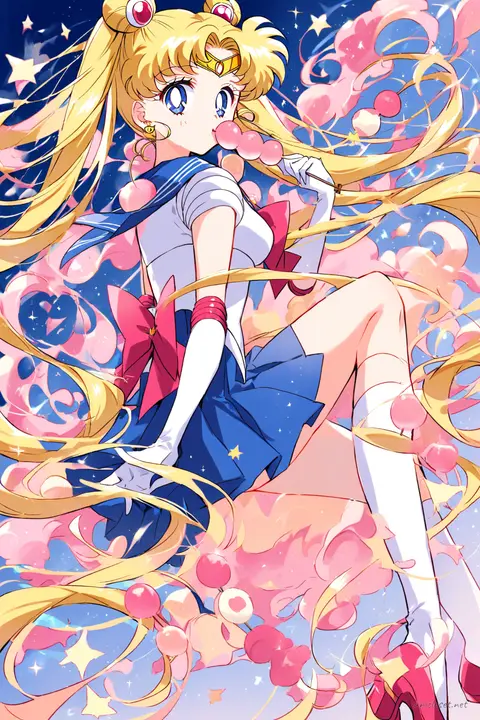Knee-up half-body illustration of Sailor Moon in her classic sailor fuku with blue pleated skirt, red bows, white gloves, tiara, and knee-high socks against a soft studio background