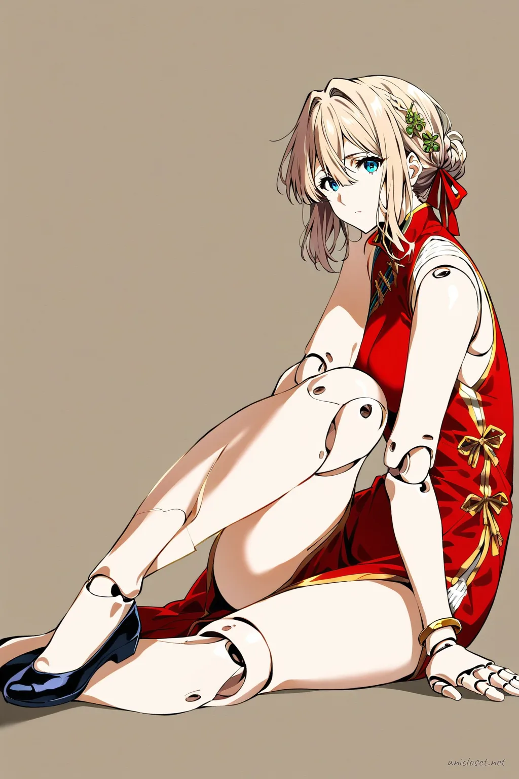 Knee-up half-body illustration of Violet Evergarden wearing a classic red qipao with gold trim, high collar, sleeveless design, and modest knee-length hem, set against a plain studio background