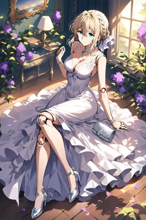 Full-body three-quarter view of Violet Evergarden wearing a floor-length satin evening gown with sweetheart neckline and silver accessories against a simple studio background