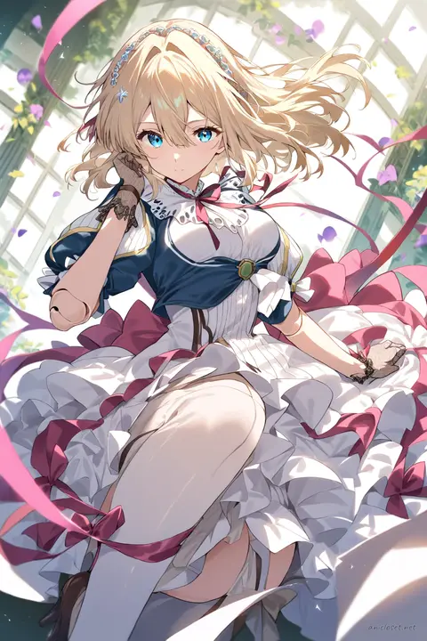 Knee-up half-body illustration of Violet Evergarden wearing a frilly idol dress with puffed short sleeves, stage bow, and layered ruffle skirt under soft studio lighting