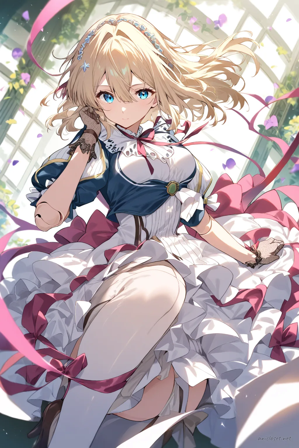 Knee-up half-body illustration of Violet Evergarden wearing a frilly idol dress with puffed short sleeves, stage bow, and layered ruffle skirt under soft studio lighting