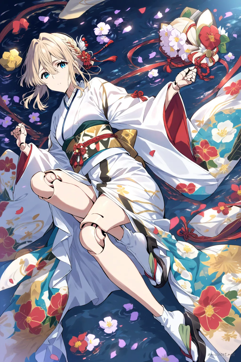 Full-body three-quarter view illustration of Violet Evergarden wearing a furisode kimono with floral patterns, ornate obi belt, tabi socks, zori sandals, and kanzashi hairpin on a clean studio background
