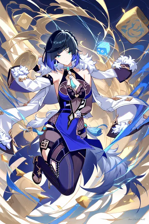 Full-body three-quarter view of Yelan in her classic signature outfit, a blue and black sleeveless qipao with high collar, intricate embroidery, sheer sleeves, thigh slit, fingerless gloves, thigh-high stockings, heeled sandals, gold accessories, waist sash, and dice hair ornament, set against a simple studio background