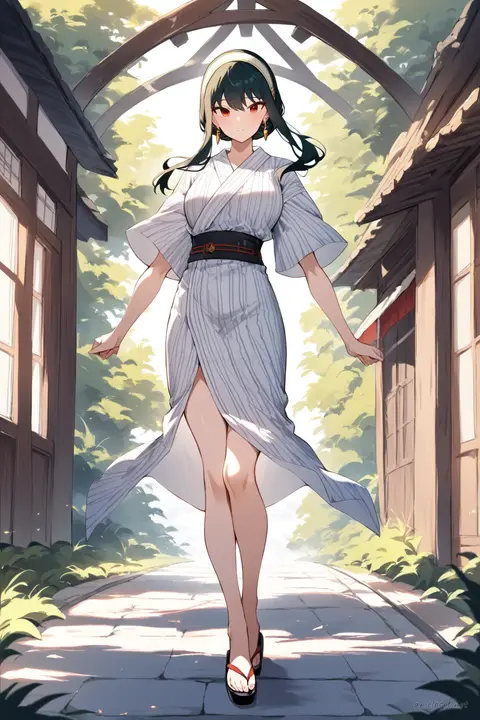 Full body front view of Yor Forger wearing a summer yukata with simple vertical stripes, obi belt, short sleeves, and geta sandals, bare legs visible