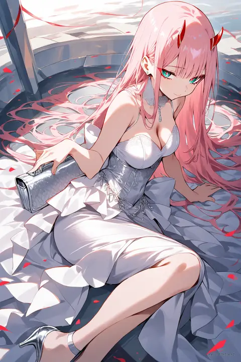 Illustration of Zero Two wearing a floor-length satin evening gown with sweetheart neckline and slit skirt, accessorized with silver high heels, clutch, diamond earrings, and silver bracelet under soft studio lighting