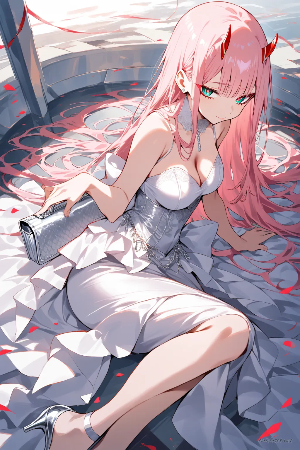 Illustration of Zero Two wearing a floor-length satin evening gown with sweetheart neckline and slit skirt, accessorized with silver high heels, clutch, diamond earrings, and silver bracelet under soft studio lighting