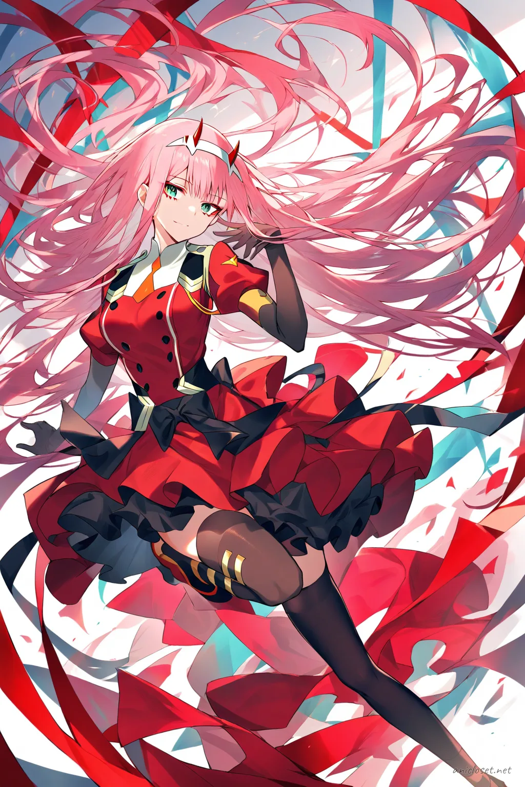 Full-body illustration of Zero Two in a frilly mini dress with stage bow headband, sheer gloves, thigh-high stockings, and ankle strap heels, standing against a clean studio backdrop