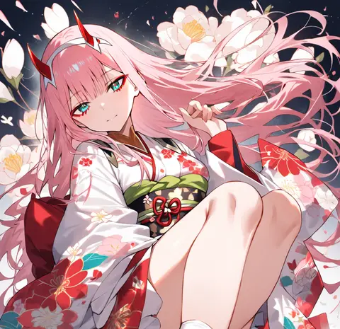 Illustration of Zero Two wearing a furisode kimono with long flowing sleeves and floral patterns, paired with an ornate obi, tabi socks, and zori sandals under soft studio lighting