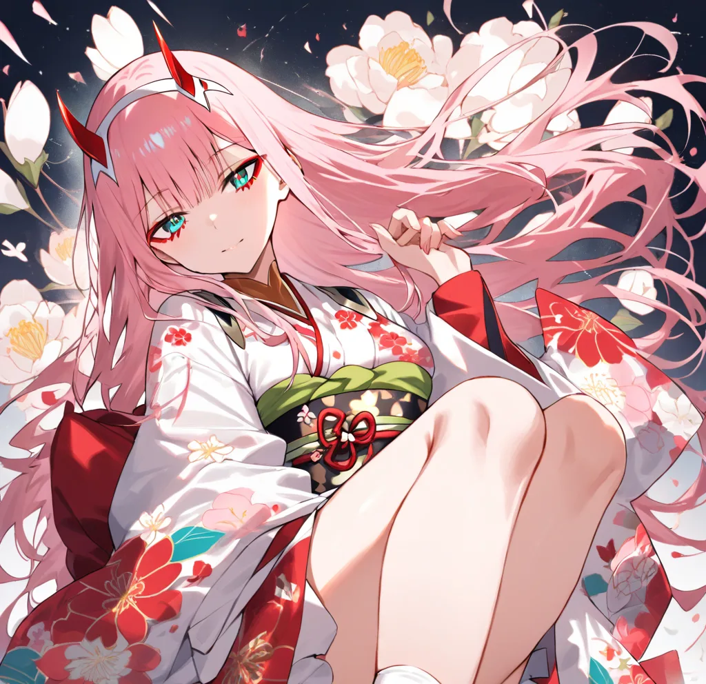 Illustration of Zero Two wearing a furisode kimono with long flowing sleeves and floral patterns, paired with an ornate obi, tabi socks, and zori sandals under soft studio lighting